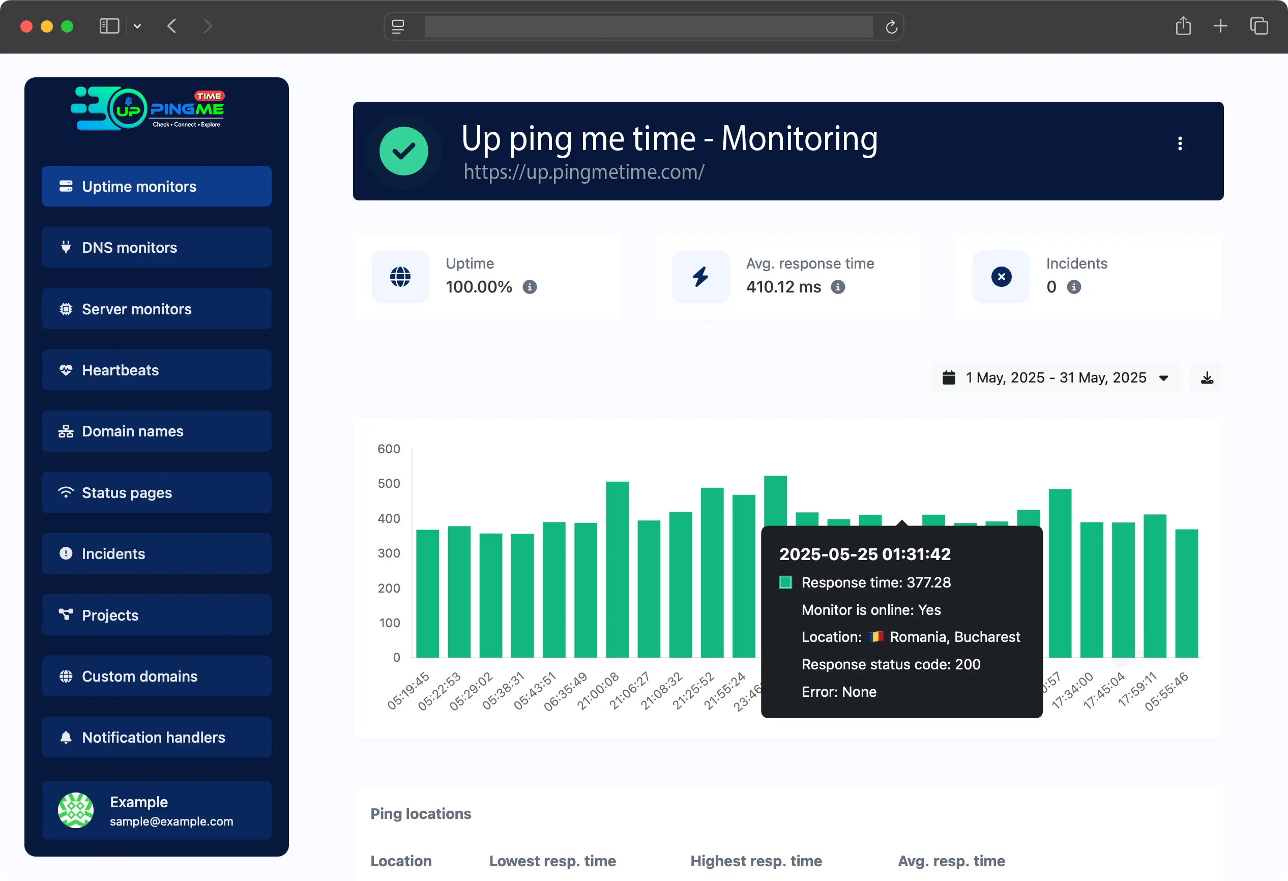 Screenshot of the app uptime monitor page